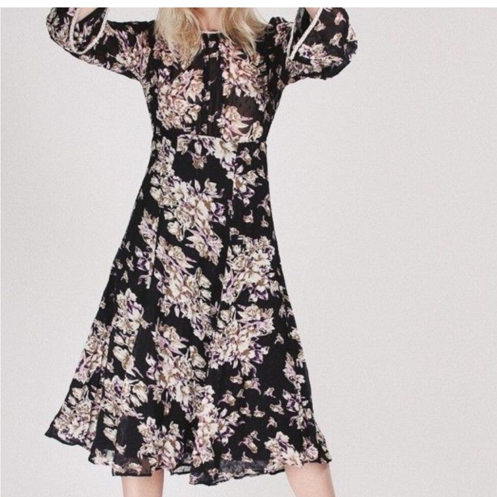 byTiMo Delicate Flared Dress Palace Black Purple Floral print Midi length